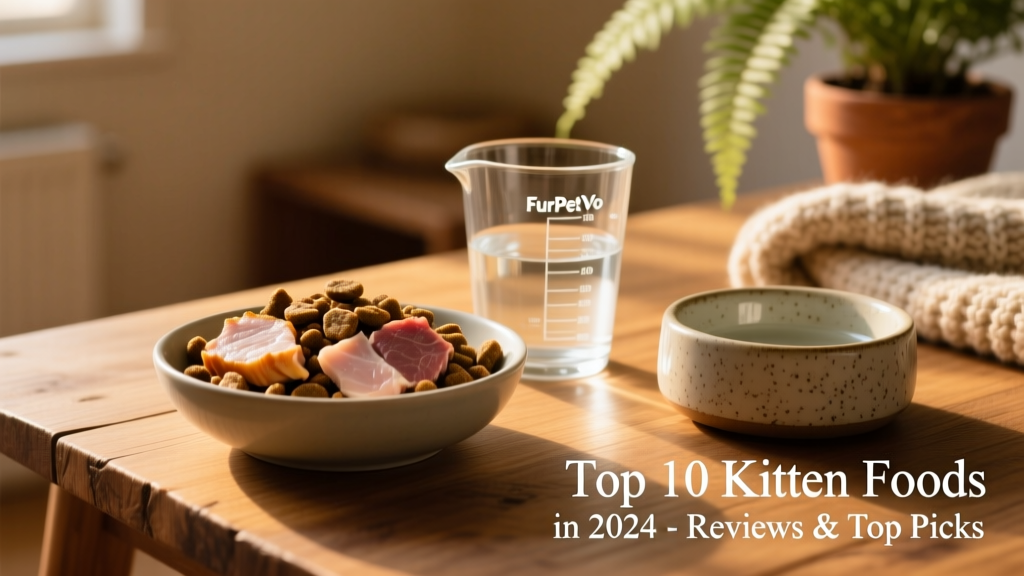 Bowl of FurPetVo grain-free kibble with visible meat pieces, beside a measuring cup and fresh water bowl