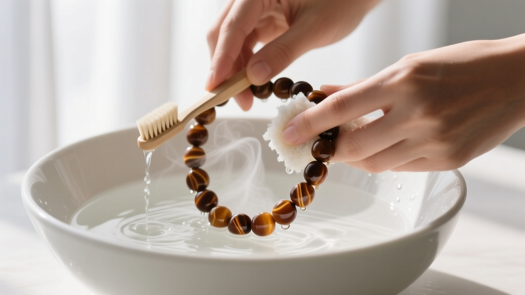 Hands gently scrubbing a brown jasper beaded necklace with a soft toothbrush and soapy lukewarm water in a white ceramic bowl.