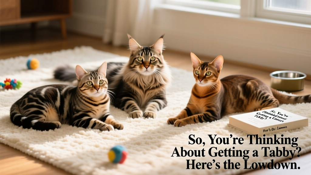 A diverse group of tabby cats—a classic-patterned American Shorthair, a mackerel Maine Coon, and a ticked Abyssinian—relaxing together on a cozy rug