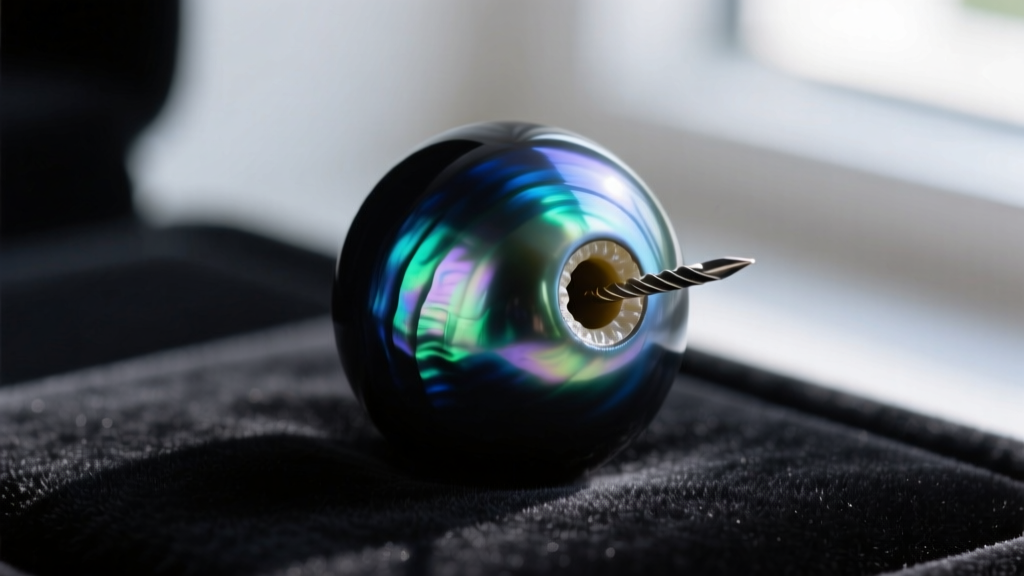 Macro view of a drilled Tahitian black pearl revealing thick nacre layers and a precise 0.8mm drill hole meant for silk threading.