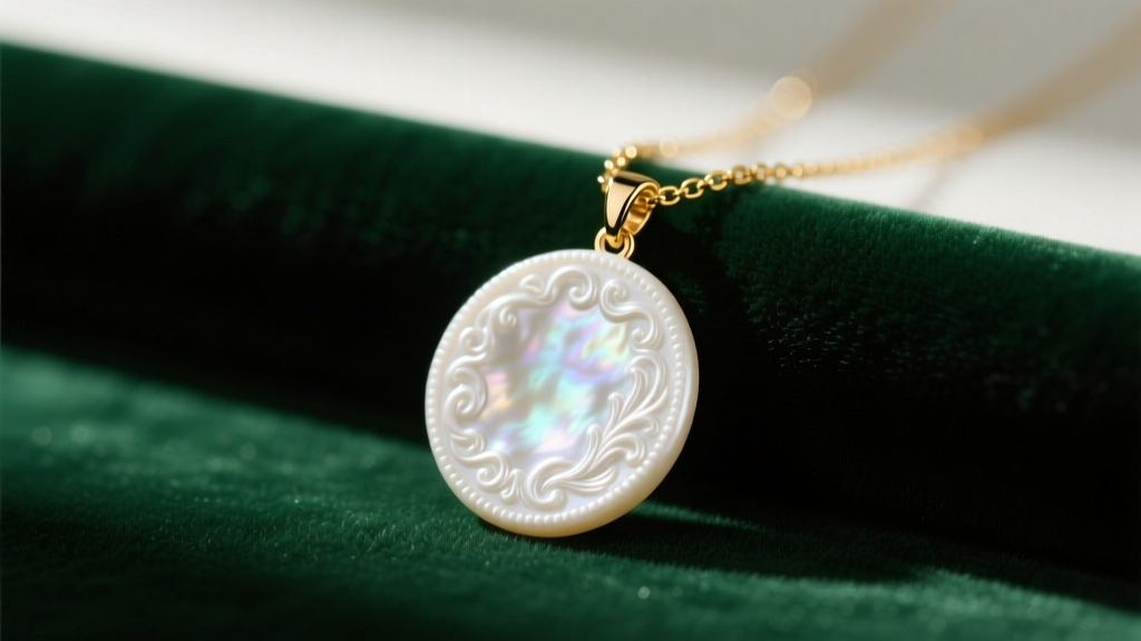 White baroque coin pearl pendant on a 14k gold chain resting on dark green velvet under soft warm directional studio lighting