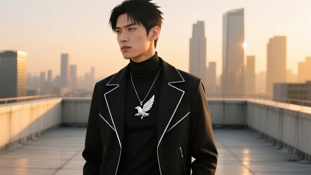 Male model in black techwear jacket and dark turtleneck, wearing a subtle silver Itachi Uchiha crow feather pendant necklace.