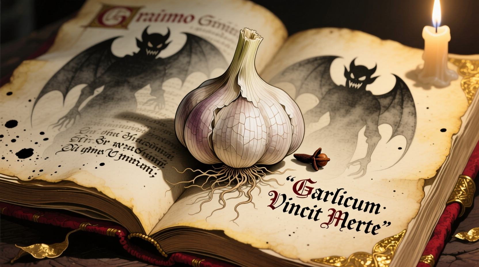 Historical illustration of garlic used in vampire protection rituals