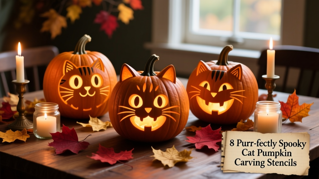 A festive tabletop display featuring three carved cat-themed pumpkins lit from within, surrounded by autumn leaves and candles