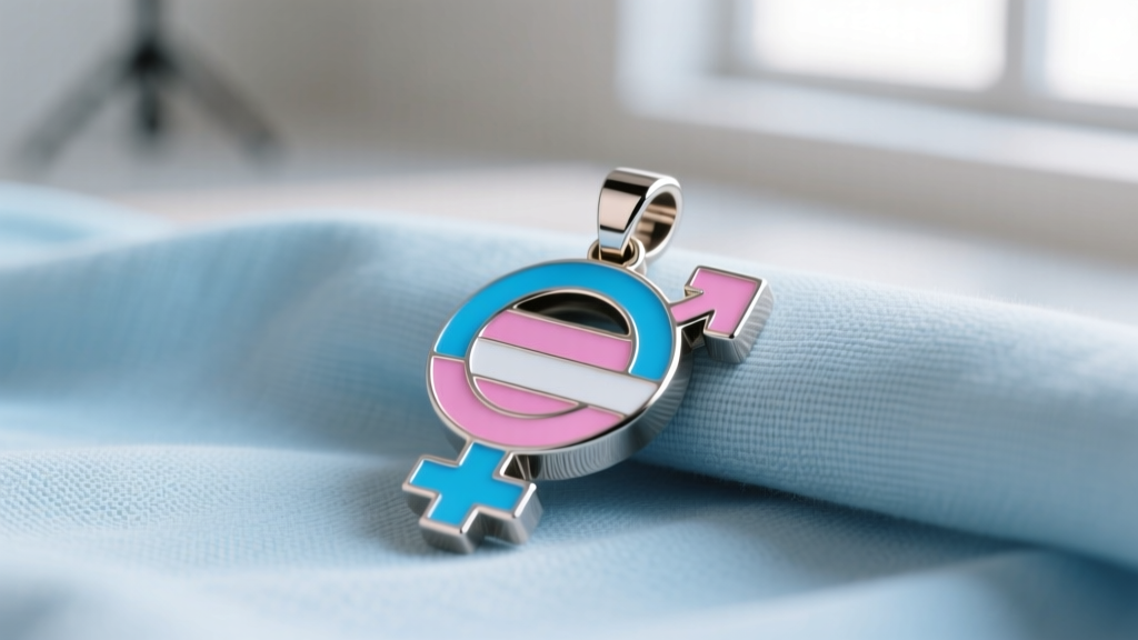 Macro shot of a titanium transgender pride pendant with blue, pink, and white enamel resting on soft light blue linen fabric.