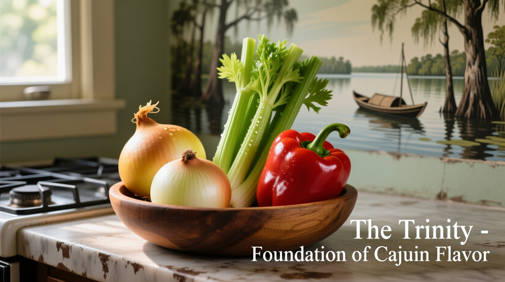 Cajun cooking trinity ingredients: onions, celery and bell peppers