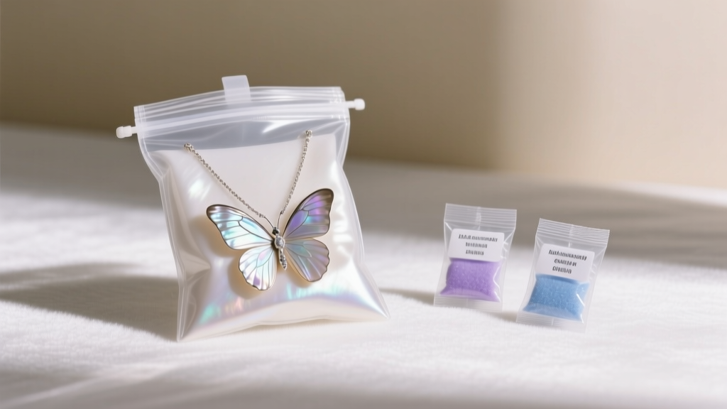 Organized jewelry box showing a mother-of-pearl butterfly necklace stored in an anti-tarnish pouch next to silica gel packets.