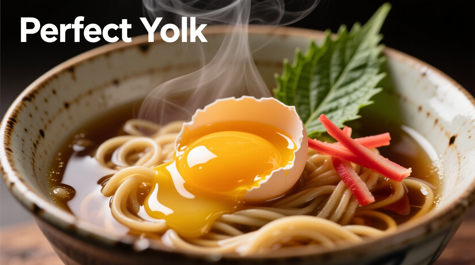 Perfect runny yolk egg in steaming ramen bowl