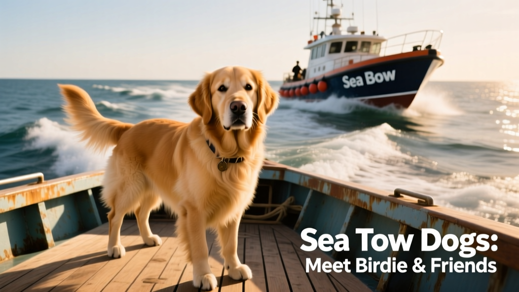 Tuna, the dog, on deck of a Sea Tow boat with another boat following in the wake