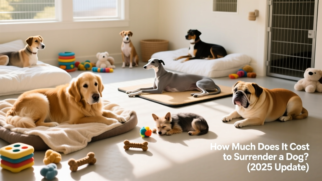 A clean, sunlit kennel area with comfortable bedding and enrichment toys, showing several relaxed dogs