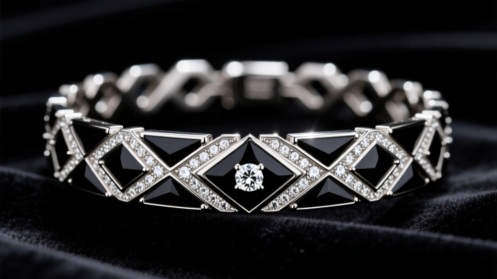 Macro photo of a 1920s Art Deco platinum diamond and onyx geometric bracelet resting on dark velvet under bright studio lighting