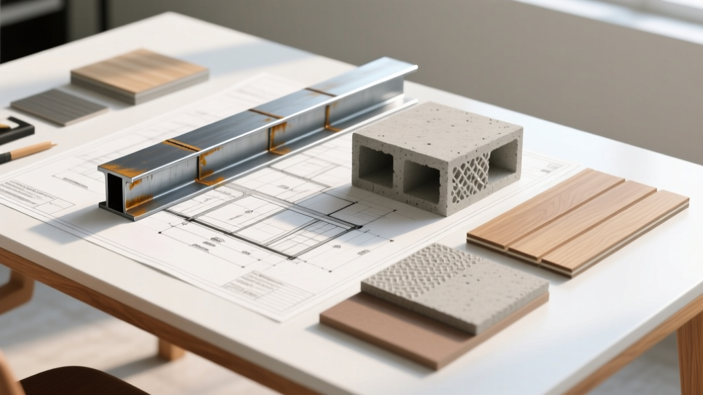 Blueprint overlaid with physical samples of structural steel, insulated concrete forms, and fiber cement siding on a bright drafting table