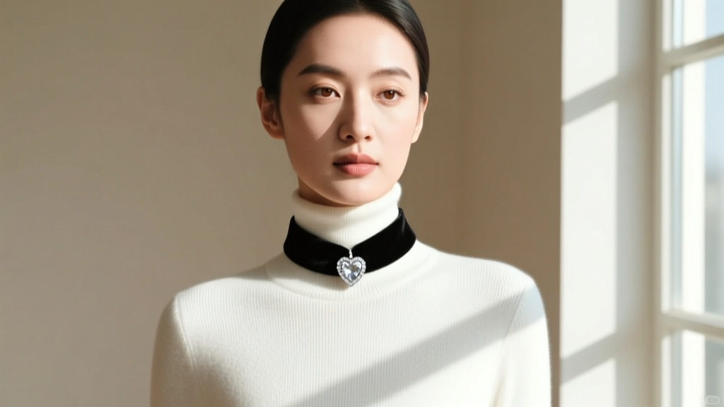 Woman in a black velvet choker with a silver rhinestone heart pendant over a white turtleneck sweater, captured in soft daylight.