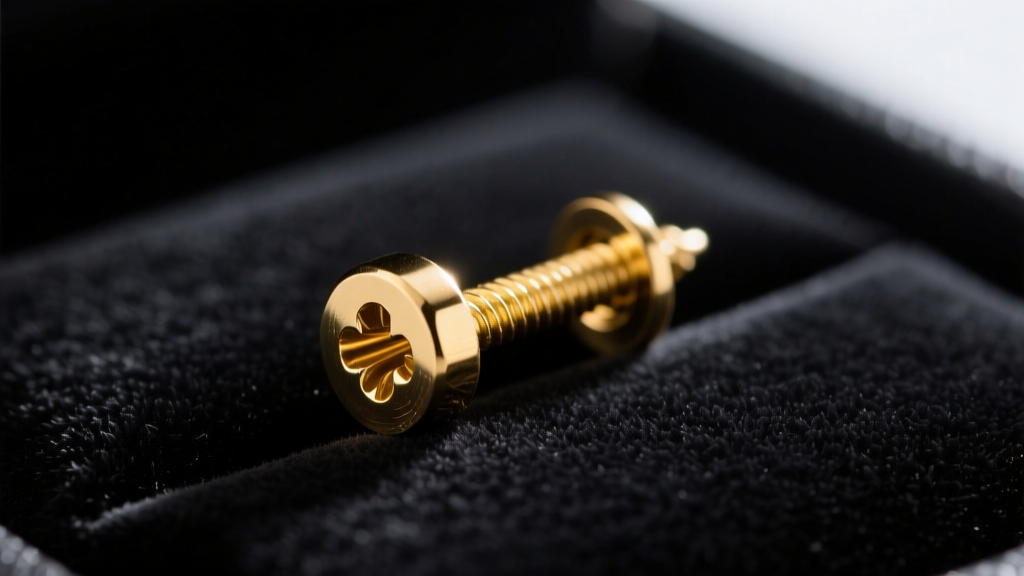 Macro shot of a 20-gauge gold earring post with a secure screw-back threading mechanism resting on a dark velvet jewelry pad