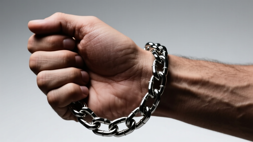 Close-up of a masculine hand holding an 18-inch 316L stainless steel Cuban link chain, illuminated by soft studio lighting.