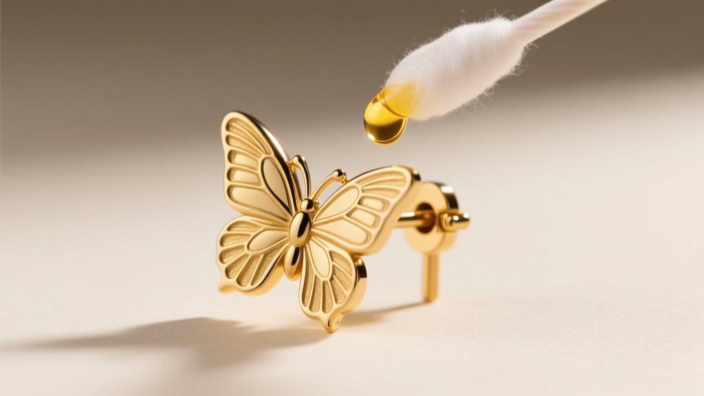 Macro shot of a stuck butterfly earring back on an 18k gold post, with a cotton swab applying jojoba oil to lubricate the clutch.