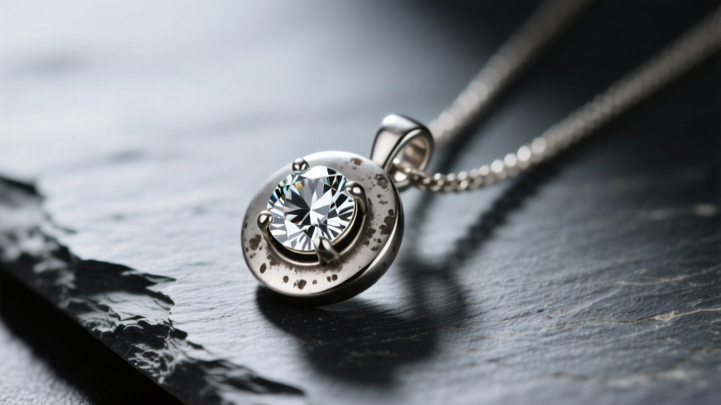 Tarnished sterling silver diamond pendant on slate, showing oxidized metal beside a sparkling round stone in soft studio light.