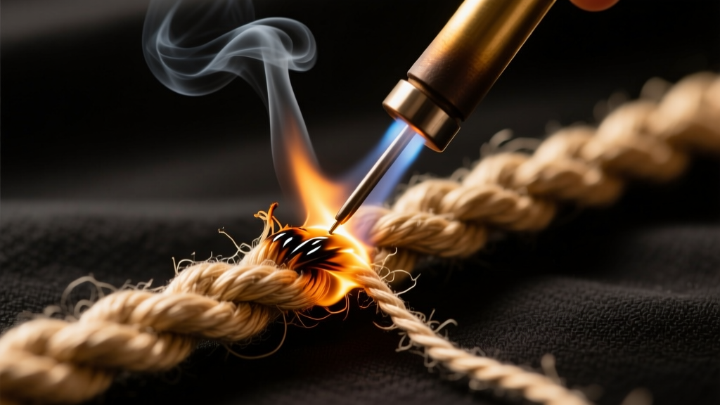 Close-up of a frayed 1mm nylon macrame cord being sealed with a heated thread burner tool under warm studio lighting.