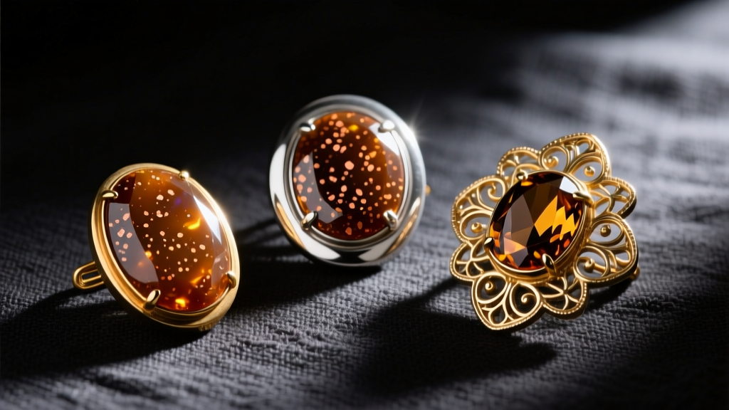 Three vintage goldstone brooches showing varied copper fleck density and contrasting brass and silver settings on dark linen
