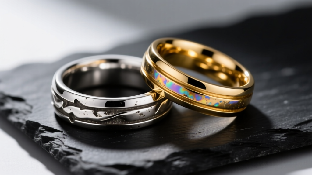Close-up of heavily tarnished sterling silver and bright 14k gold rings resting on dark slate with soft directional lighting.