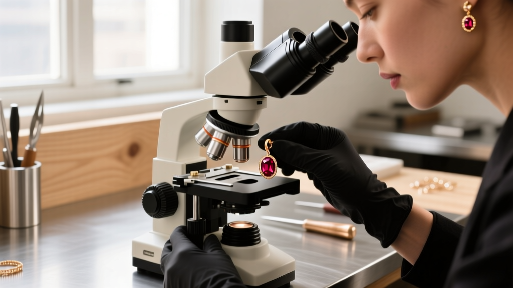 Jeweler inspecting a secure bezel setting on a 14k rose gold ruby drop earring under a microscope in a bright, detailed workshop.