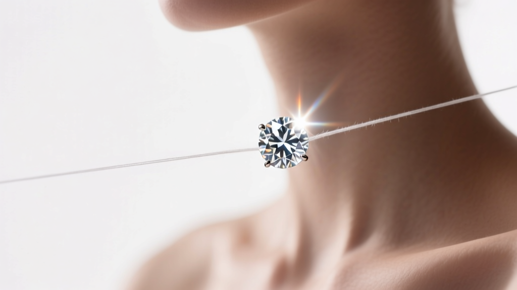Floating diamond solitaire on a clear nylon line resting on a collarbone, studio lighting highlighting the gemstone's bright fire.