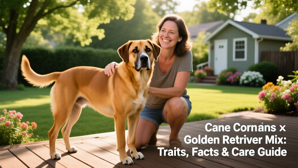 A friendly, medium-to-large mixed-breed dog with a muscular build, short glossy coat, and expressive eyes—standing calmly beside its owner in a sunlit backyard