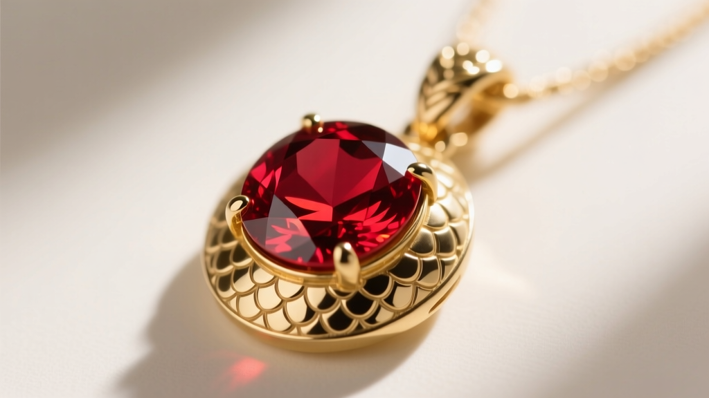 Macro shot of a red tourmaline pendant in gold vermeil, showing intricate dragon scale textures on the metal bezel setting.