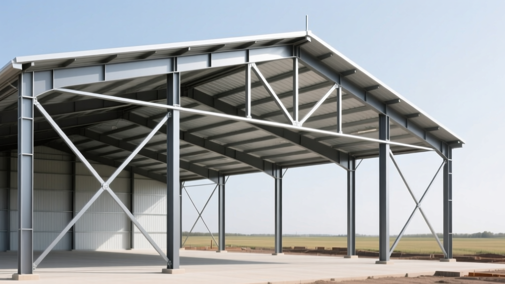 Wide-angle view of an erected steel portal frame warehouse showing rigid haunch connections, tapered rafters, and diagonal sway bracing