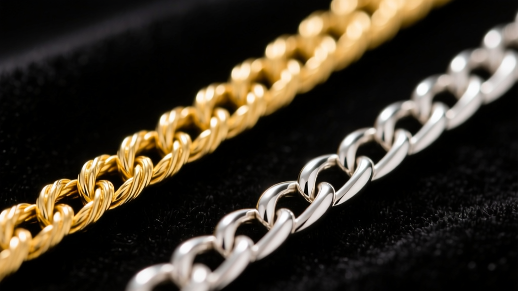 Macro shot of a 14k yellow gold rope chain and Argentium silver box chain side-by-side on dark velvet, highlighting link textures.