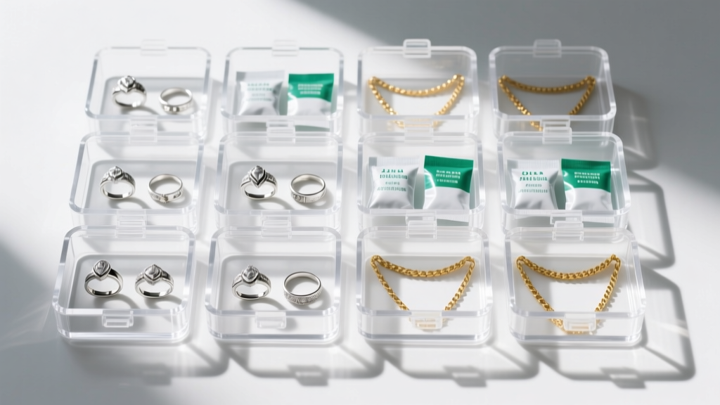 Airtight acrylic jewelry storage containers with silica gel packets and anti-tarnish strips, holding silver rings and gold chains