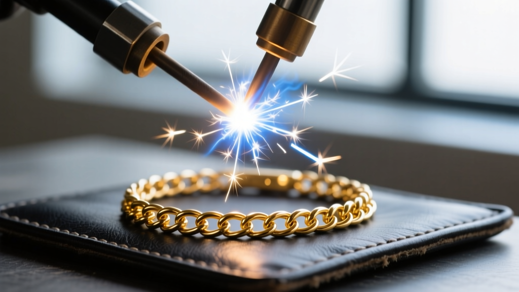 Close-up of a pulse arc welder creating a bright spark on a delicate 14k gold cable chain bracelet resting on a dark leather pad.