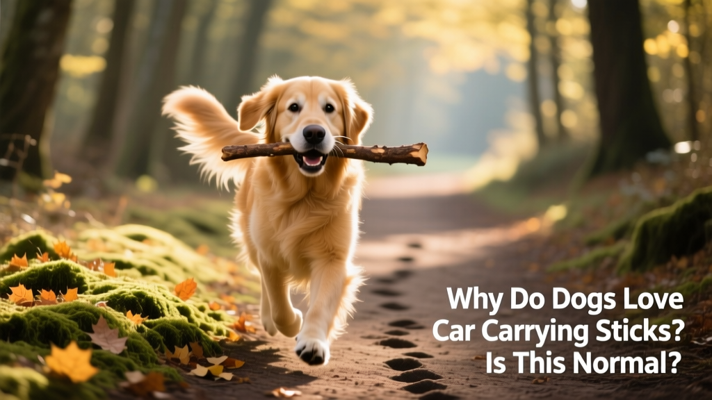 A happy dog trotting along a woodland path with a medium-sized stick held gently in its mouth