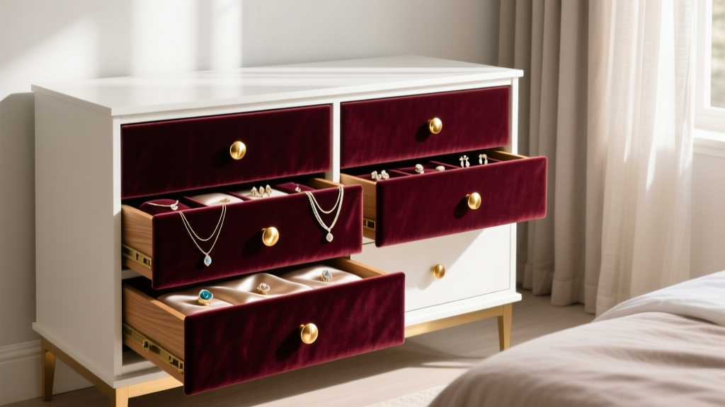 White IKEA HEMNES dresser hacked into a jewelry armoire with velvet-lined drawers and brass knobs in a sunlit modern bedroom.