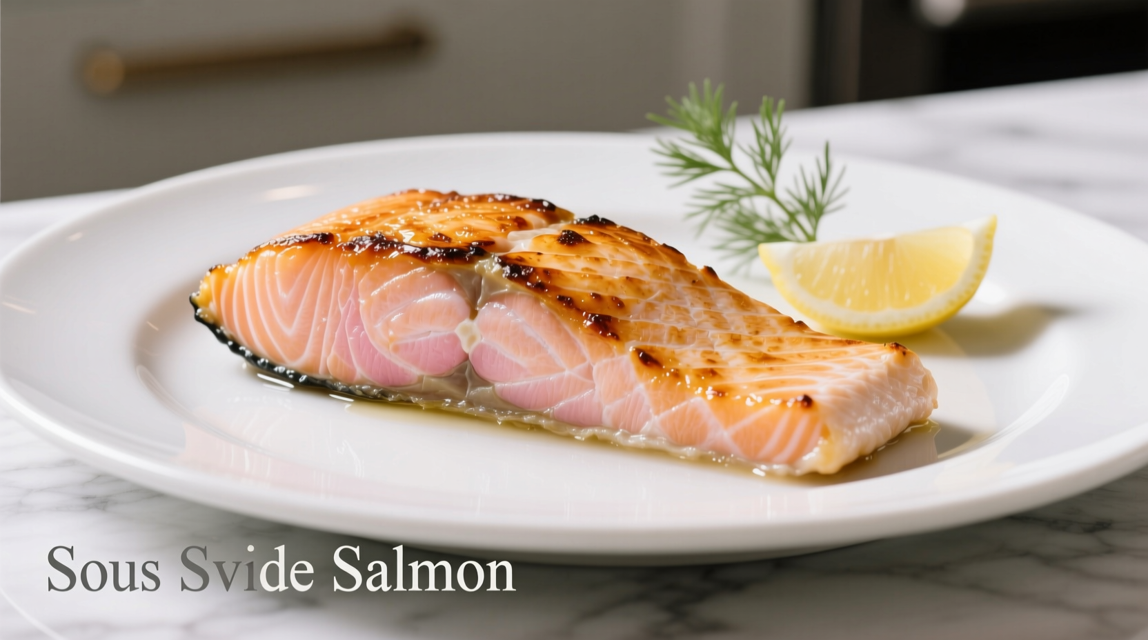 Perfectly cooked salmon fillet with crispy skin on white plate