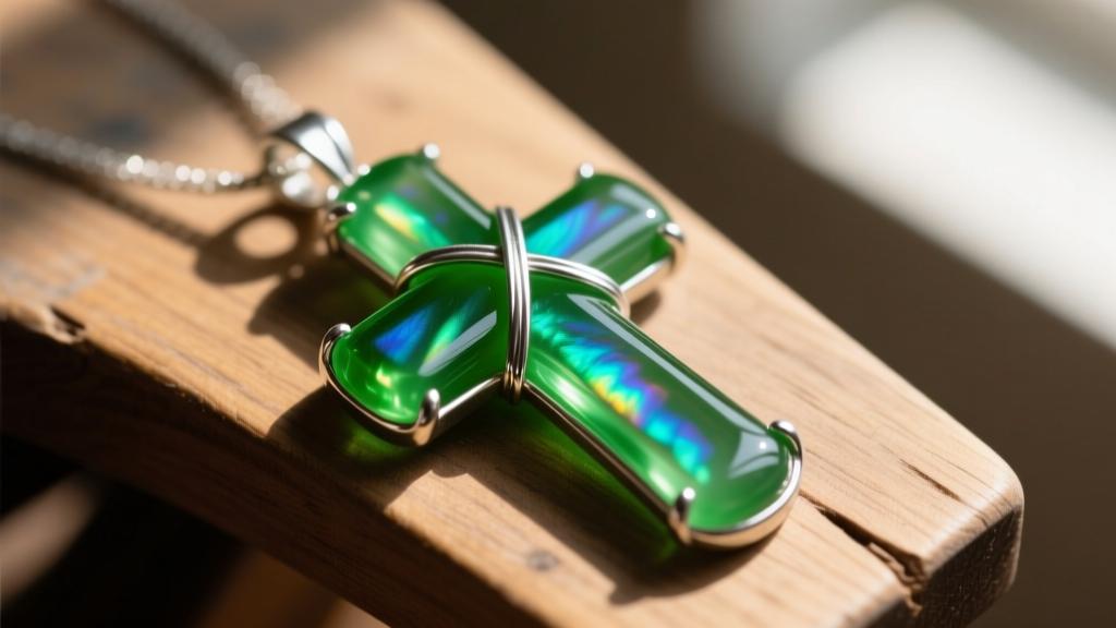 Macro shot of bright silver solder wrapping the edges of a green opalescent glass cross pendant on a wooden jeweler