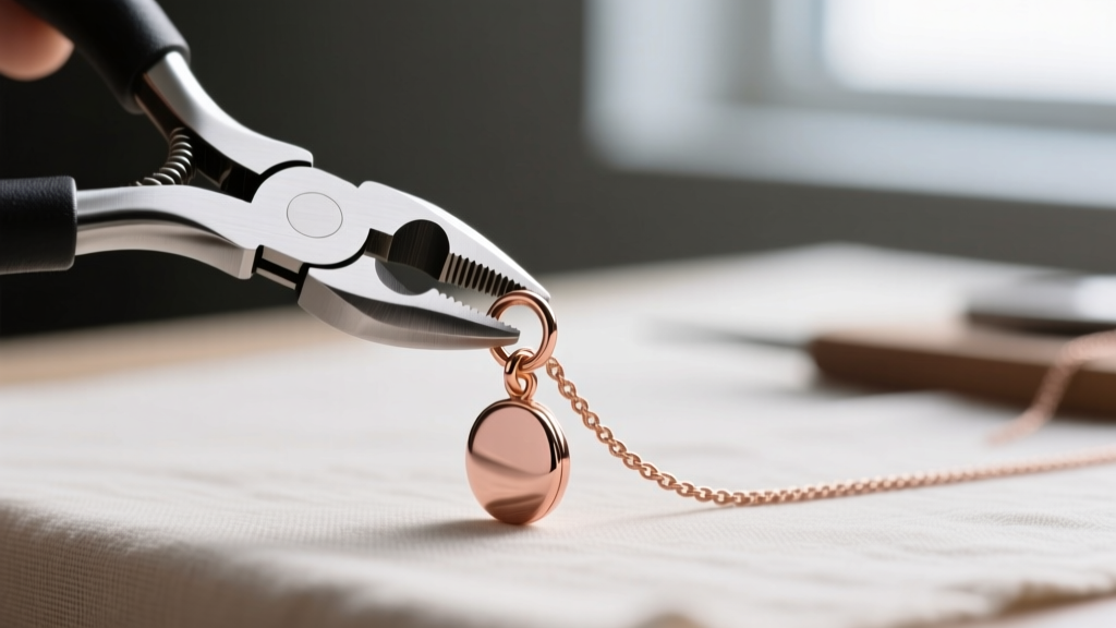 Pliers twisting a jump ring to attach a pendant to a rose gold cable chain on a crafting table, sharp focus on jewelry tools