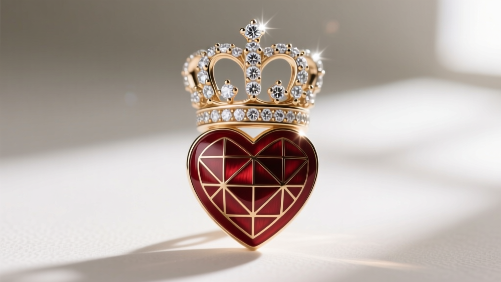 Close-up of a heart and crown pendant with pavé-set lab diamonds on the crown and deep red guilloché enamel on the heart base.