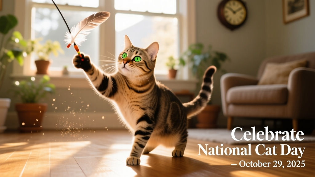 A playful tabby cat batting at a feather toy against a sunlit window