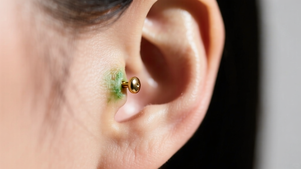 Close-up of an earlobe with a faint green stain around the piercing, wearing a brass stud earring under bright studio lighting.