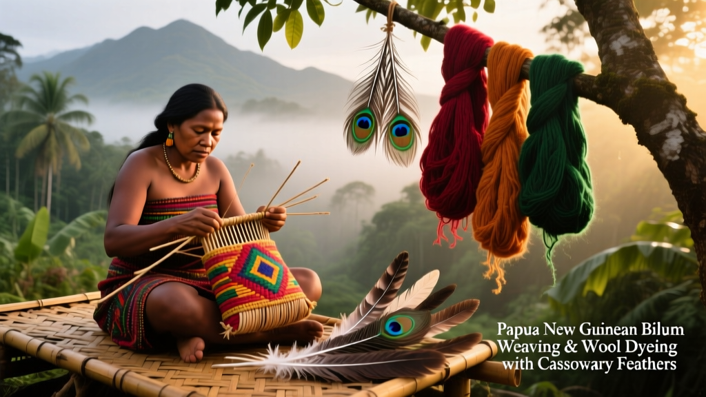 Papua New Guinean Bilum Weaving And Wool Dyeing With Cassowary Feathers