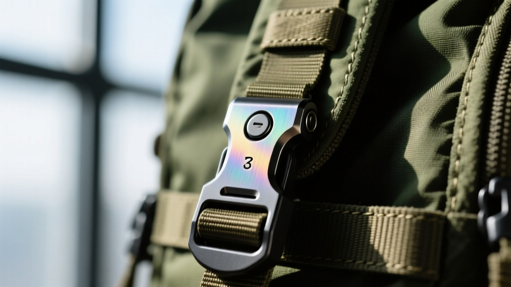 Close-up of the Peak Design Capture Clip V3 mounted on a rugged tactical backpack strap, showing the anodized aluminum finish and quick-release button.