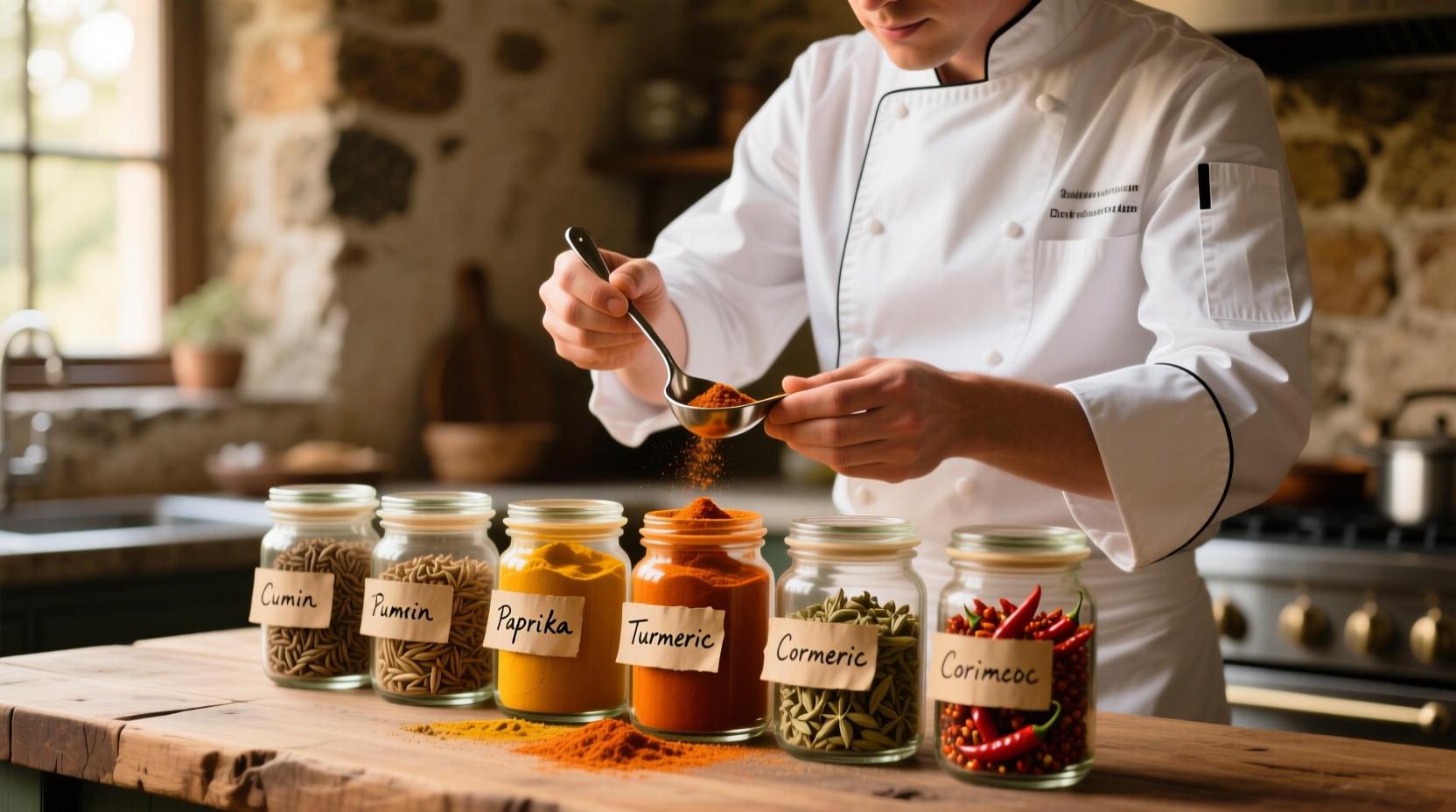 Chef measuring savory spices in glass jars