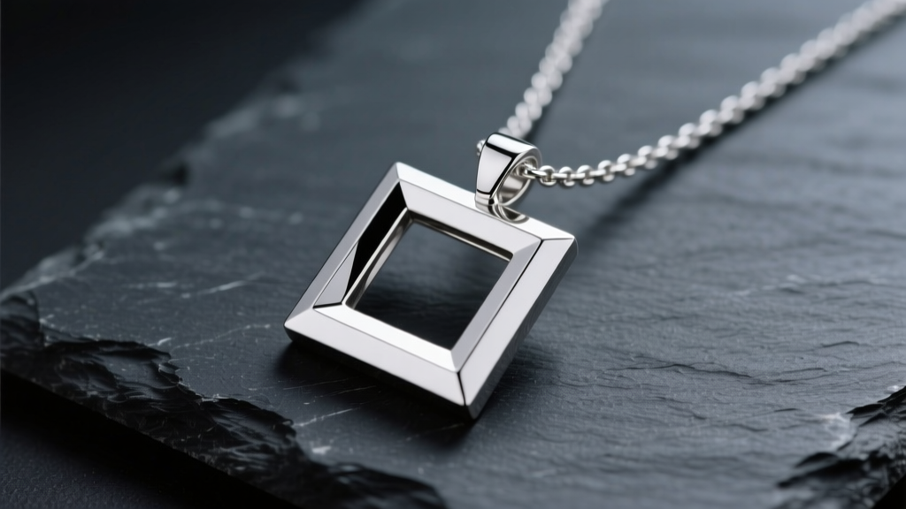 Minimalist sterling silver square pendant necklace on dark slate, highlighting sharp geometric corners and mirror polish finish