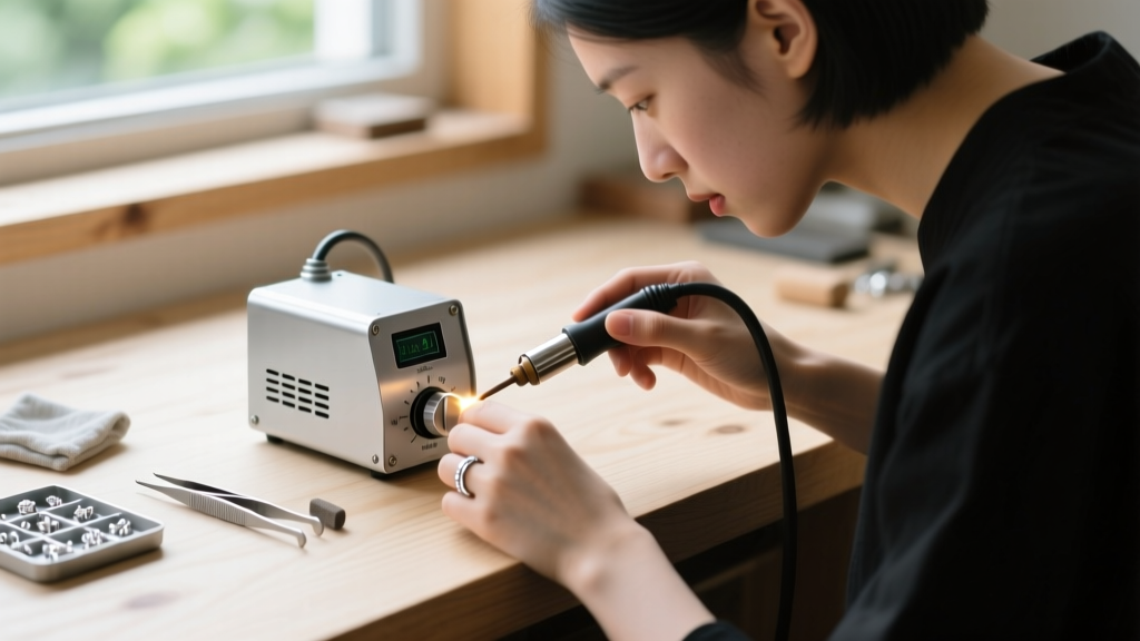 A beginner jewelry maker adjusting the voltage dial on a compact silver pulse arc welder for jewelry on a clean wooden workbench.