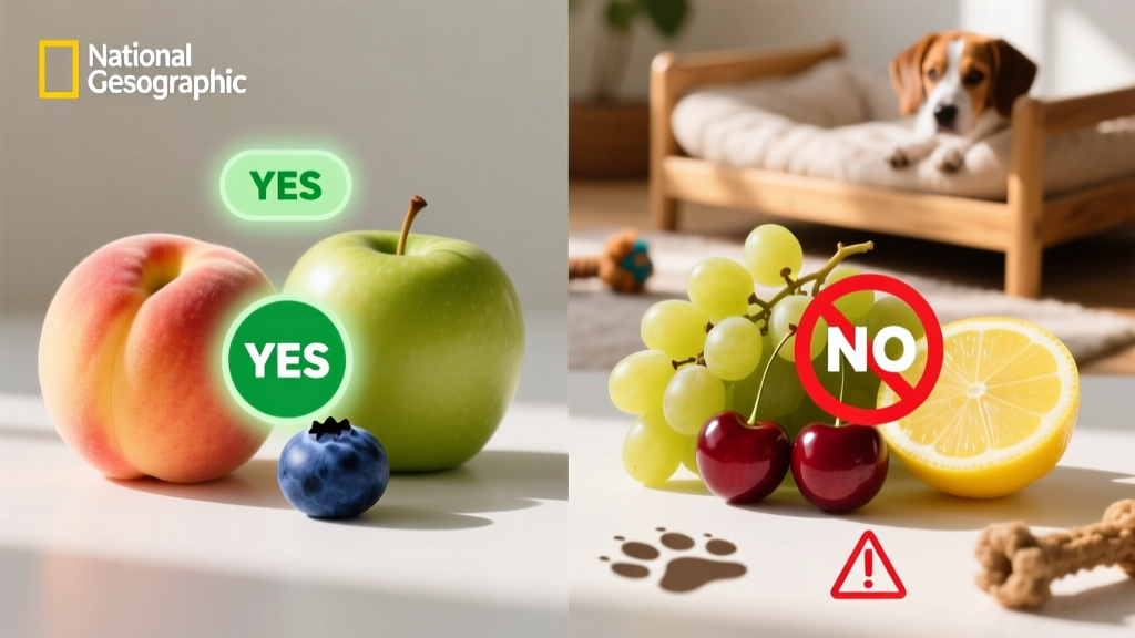 Infographic-style collage showing safe fruits (peach, apple, blueberry) and unsafe fruits (grape, cherry, lemon) with clear 'yes/no' icons