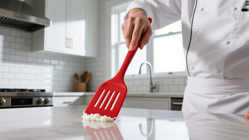 Cook performing silicone pinch test on red spatula, revealing white filler lines against a bright modern kitchen tile backsplash.