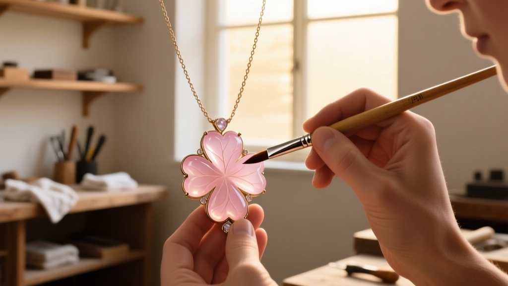 Jeweler applying UV coating to a restored pink chalcedony clover necklace with a fine brush in a warm, well-lit workshop setting