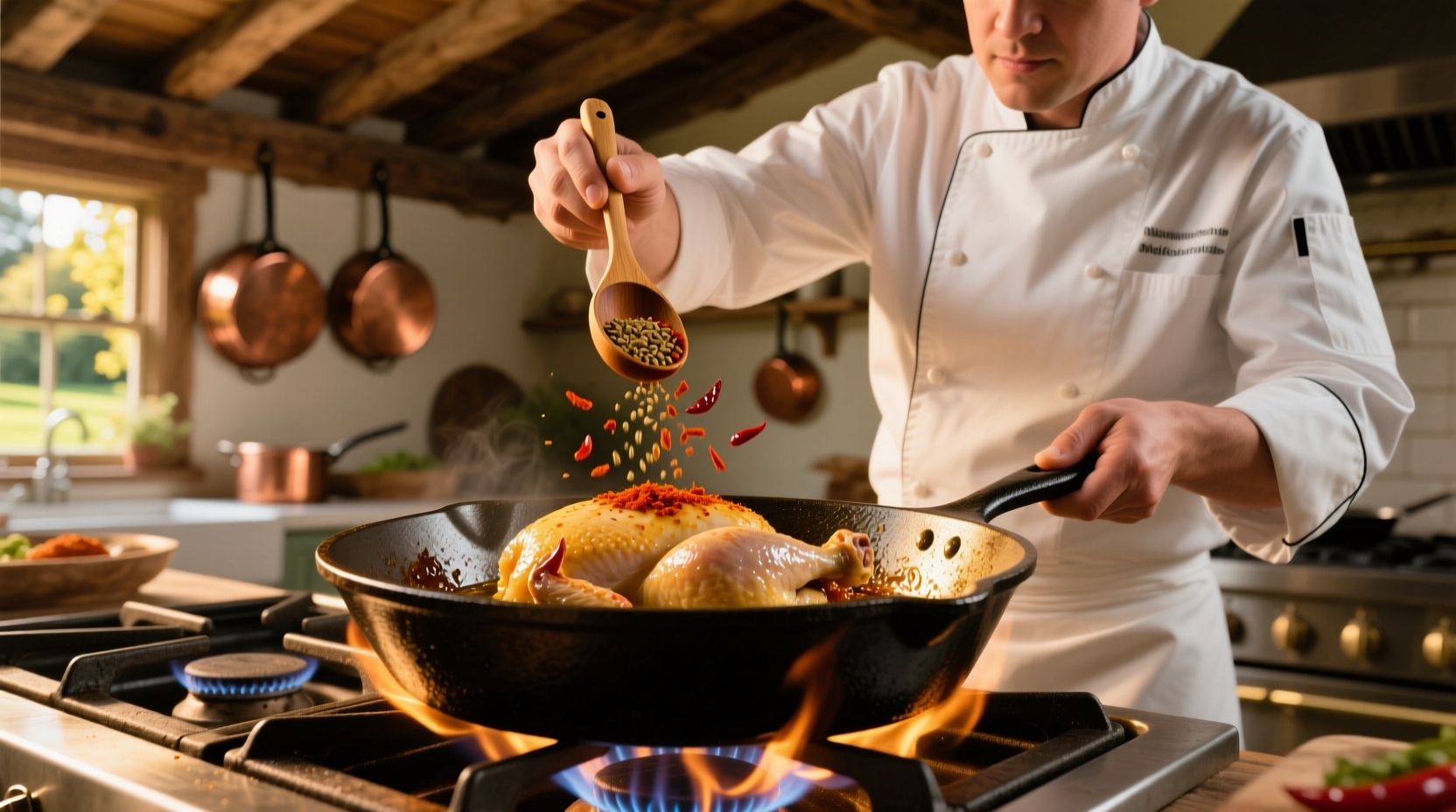 Chef seasoning chicken with spices in cast iron skillet