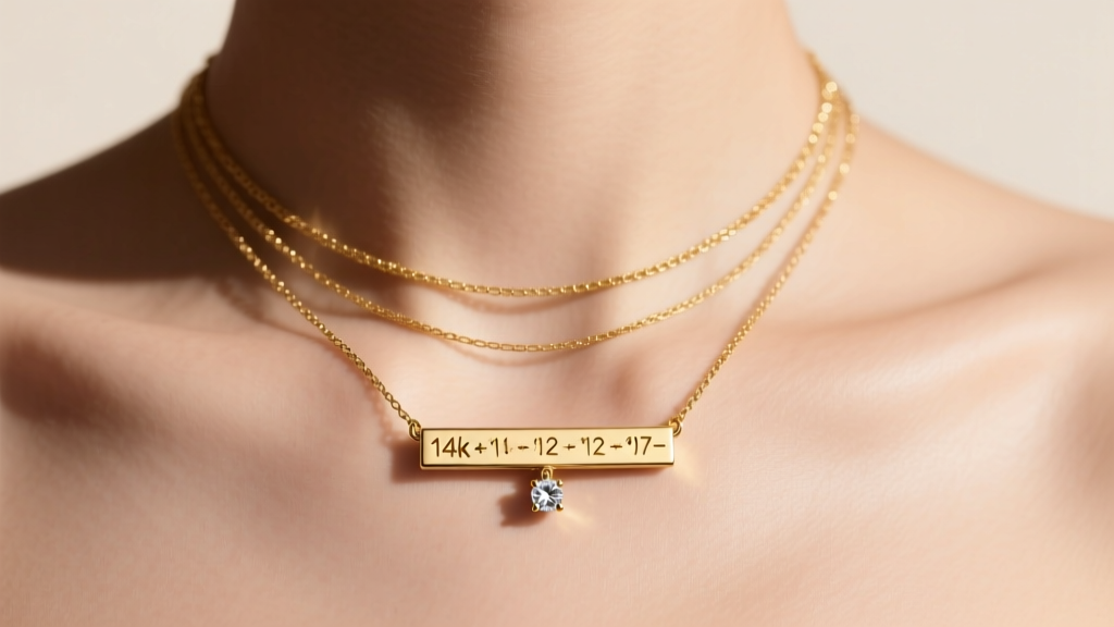 Layered gold necklaces on a collarbone showing a delicate 14k gold bar pendant with custom coordinates and a tiny diamond charm.
